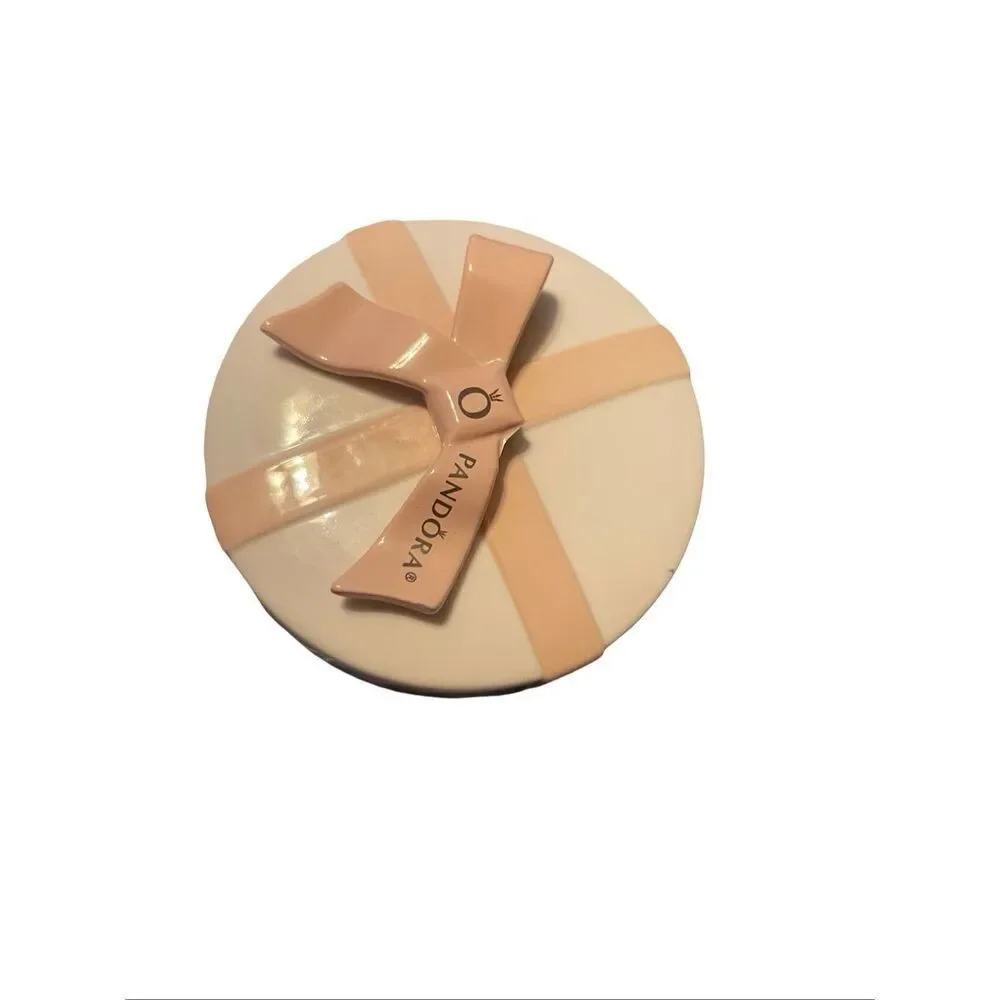 Pandora Cream and Pink Bow Porcelain Round Keepsake Jewelry Trinket Box
